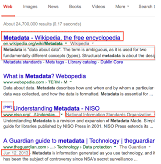 Metadata elements highlighted in a Google search results screen